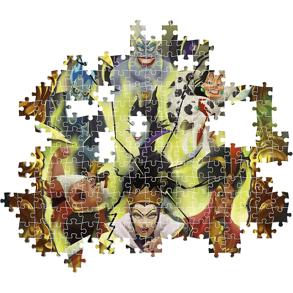 Un puzzle incompleto raffigurante cattivi Disney come Ursula, Ade e Malefica su sfondo verde.