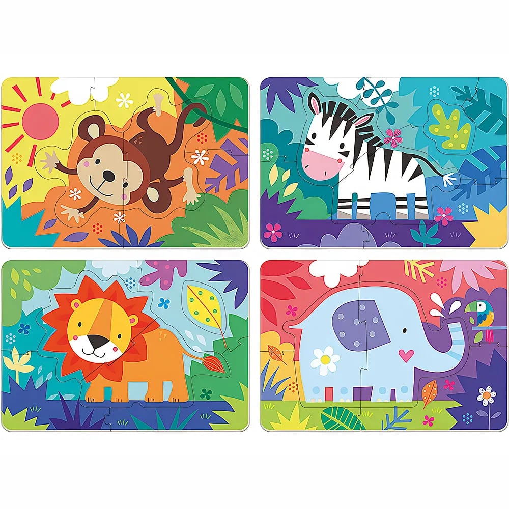 Vier bunte Holzpuzzle mit Dschungeltieren wie Affe, Zebra, Löwe und Elefant in leuchtenden Farben.
