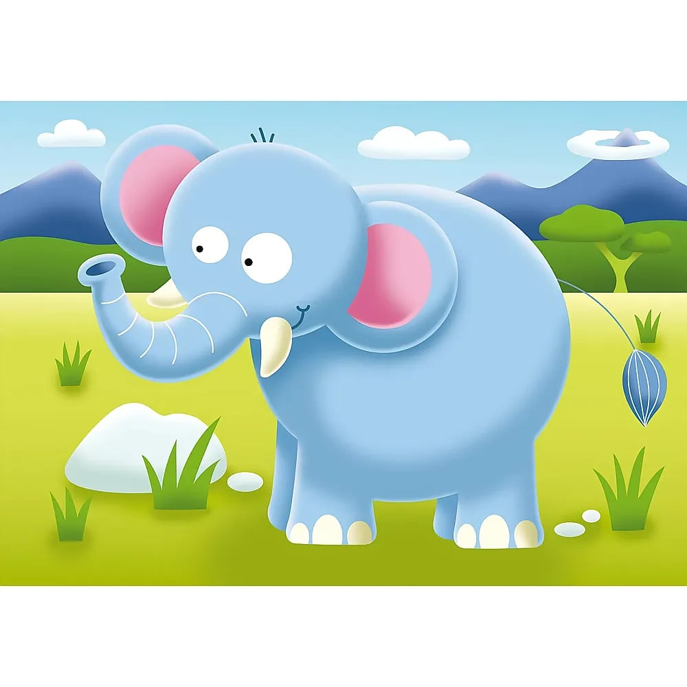 Ein blauer Zeichentrick-Elefant steht in einer grünen Graslandschaft mit Bergen im Hintergrund.