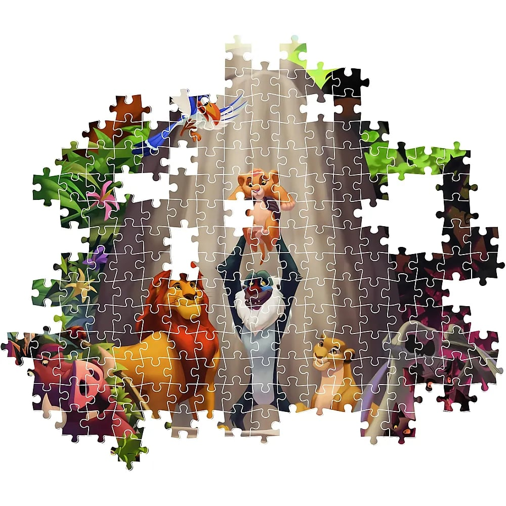 Unvollständiges Puzzle zeigt König der Löwen mit Tieren am Königsfelsen.