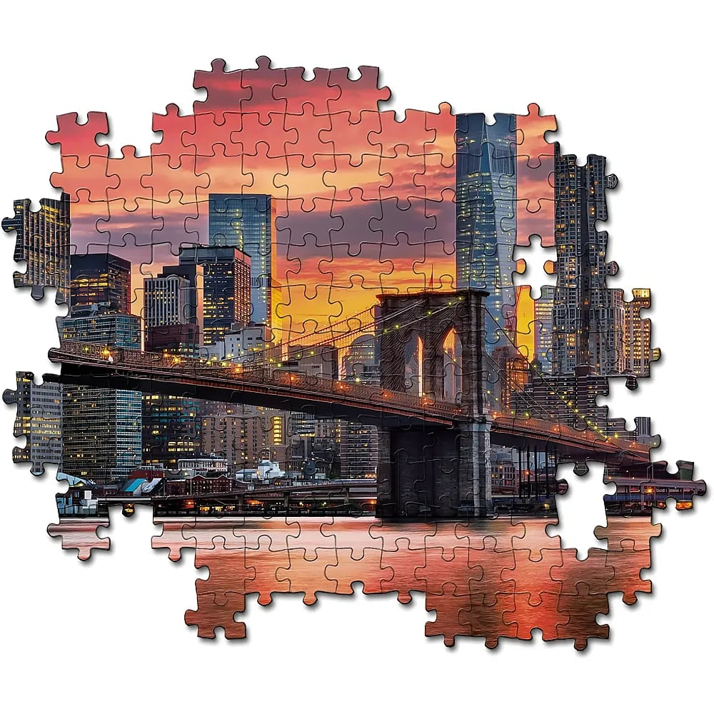 Een onvoltooide legpuzzel toont de Brooklyn Bridge en de skyline van New York bij zonsondergang.
