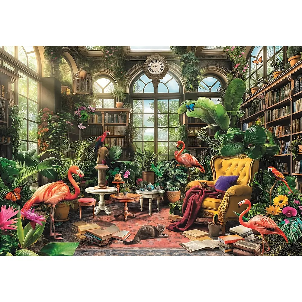 Une bibliothèque belle et chaleureuse remplie de plantes luxuriantes, de flamants roses, de chats et de bibliothèques.