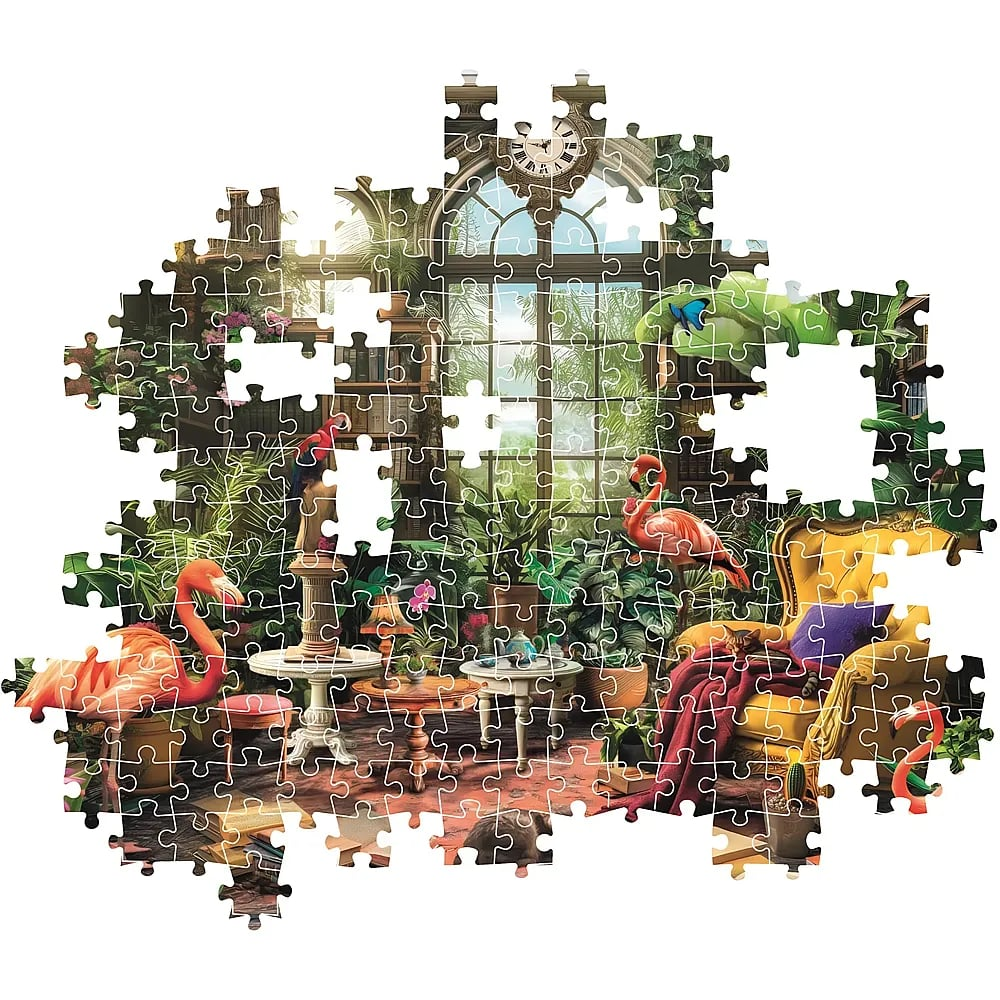 Un puzzle inachevé montrant une serre ensoleillée remplie de plantes, de flamants roses et d'un fauteuil.