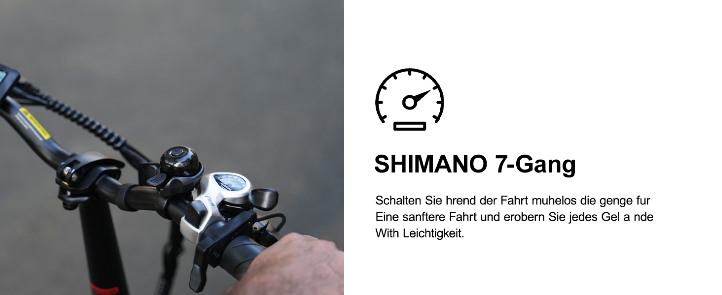 Manillar de bicicleta eléctrica con cambio Shimano de 7 velocidades y texto.
