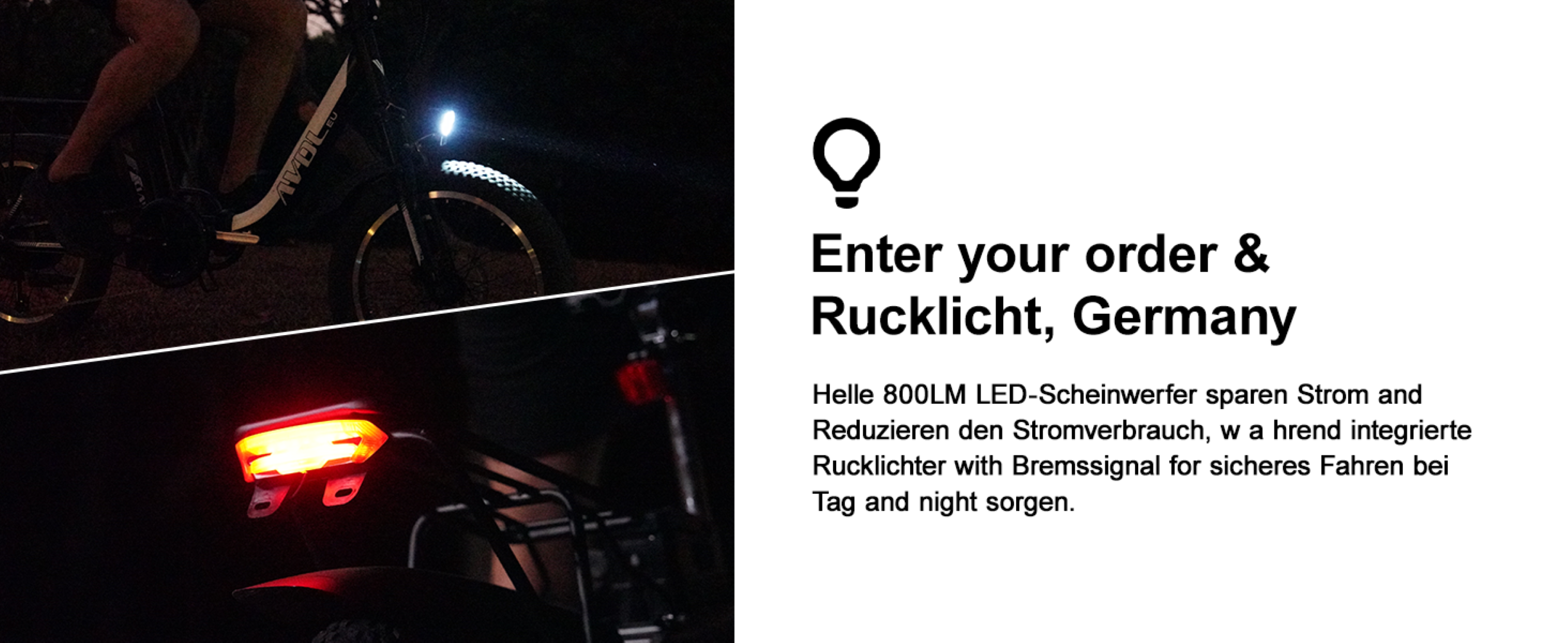 Bicicleta con faro LED brillante y luz trasera roja en la oscuridad.