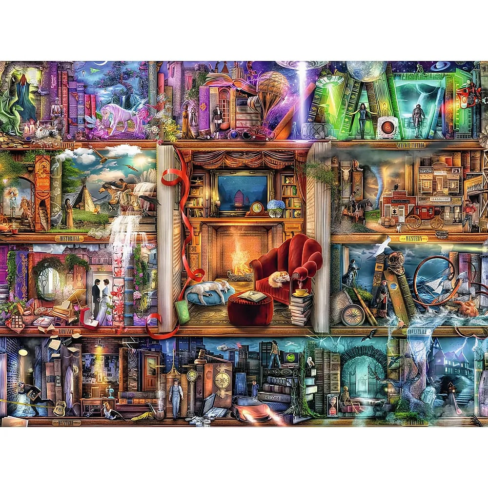 Ein detailreiches Puzzle zeigt verschiedene Buchgenres wie Fantasy, Western und Sci-Fi in Regalen.