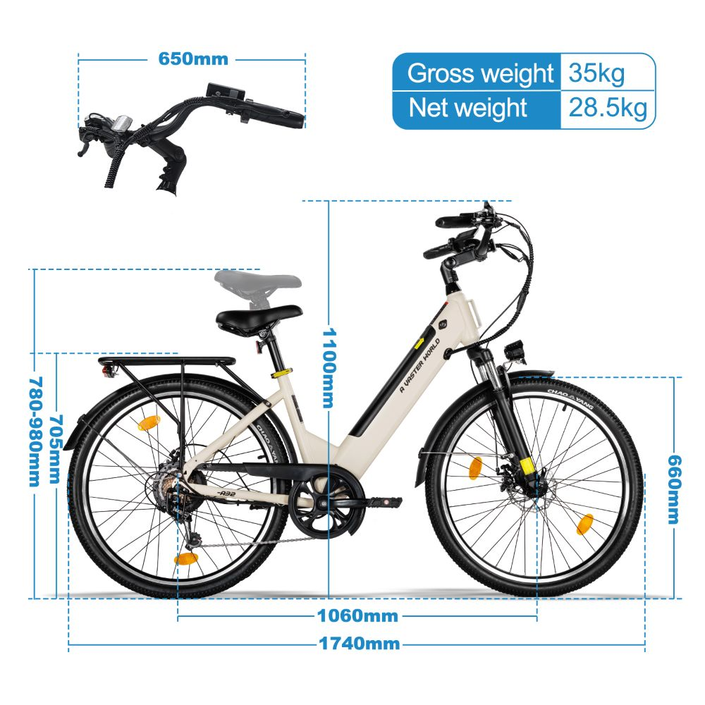 Un diagrama técnico de una bicicleta eléctrica beige con líneas de cota azules y peso arriba a la derecha.