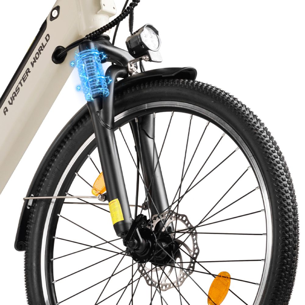 Primer plano de la rueda delantera de una bicicleta con horquilla de suspensión resaltada por gráficos de rayos azules.