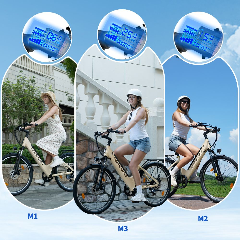 Tres mujeres montan en bicicletas eléctricas, con primeros planos de las pantallas digitales arriba.