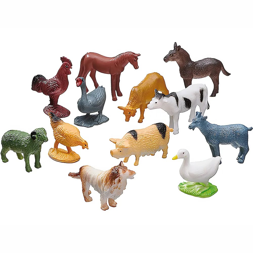 Una collezione di giocattoli di animali da fattoria in plastica colorata su sfondo bianco.