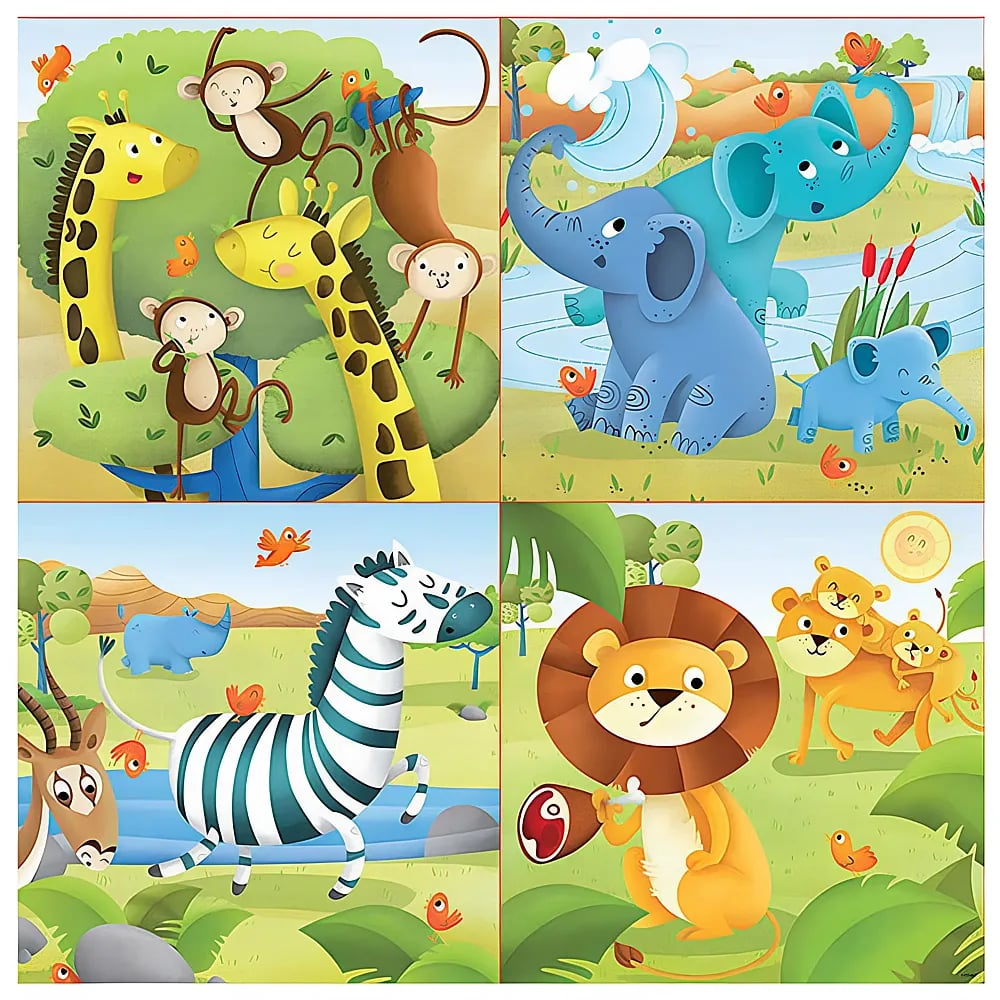 Ilustración de cuatro paneles con animales de dibujos animados coloridos como jirafas, elefantes, cebras y leones.