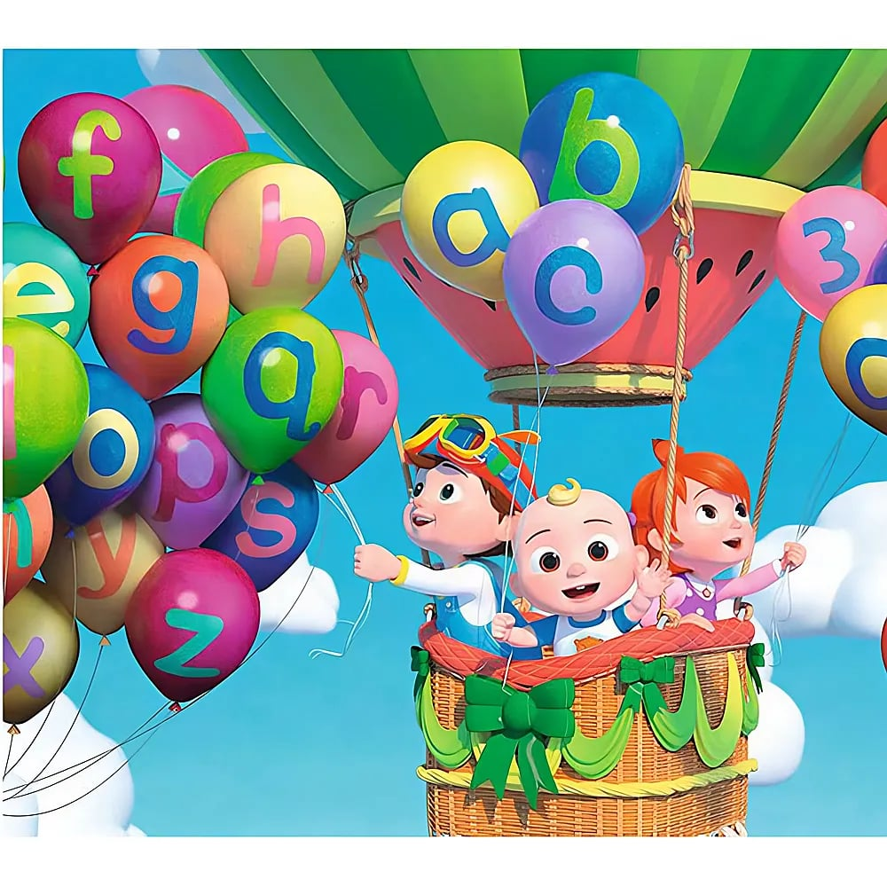 Bambini in una colorata mongolfiera con palloncini di lettere e numeri.