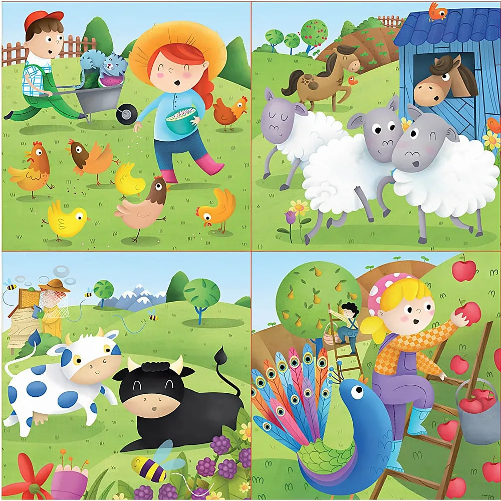 Vier bunte Illustrationen vom Bauernhof mit Tieren, Bauern und täglichen Aufgaben in einer grünen Landschaft.