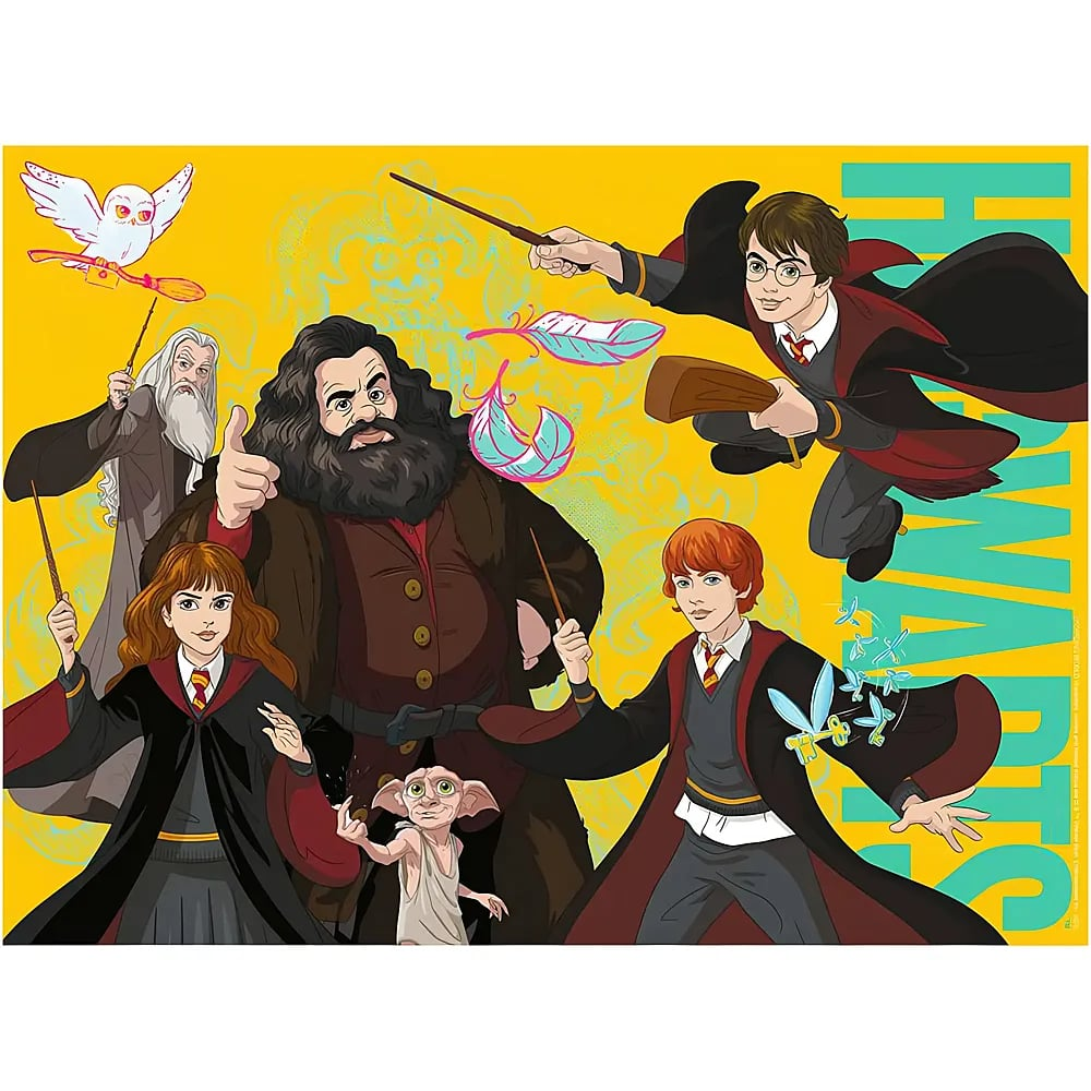 Illustration von Harry Potter Charakteren mit Harry, Ron, Hermione, Hagrid, Dumbledore und Dobby auf gelb.