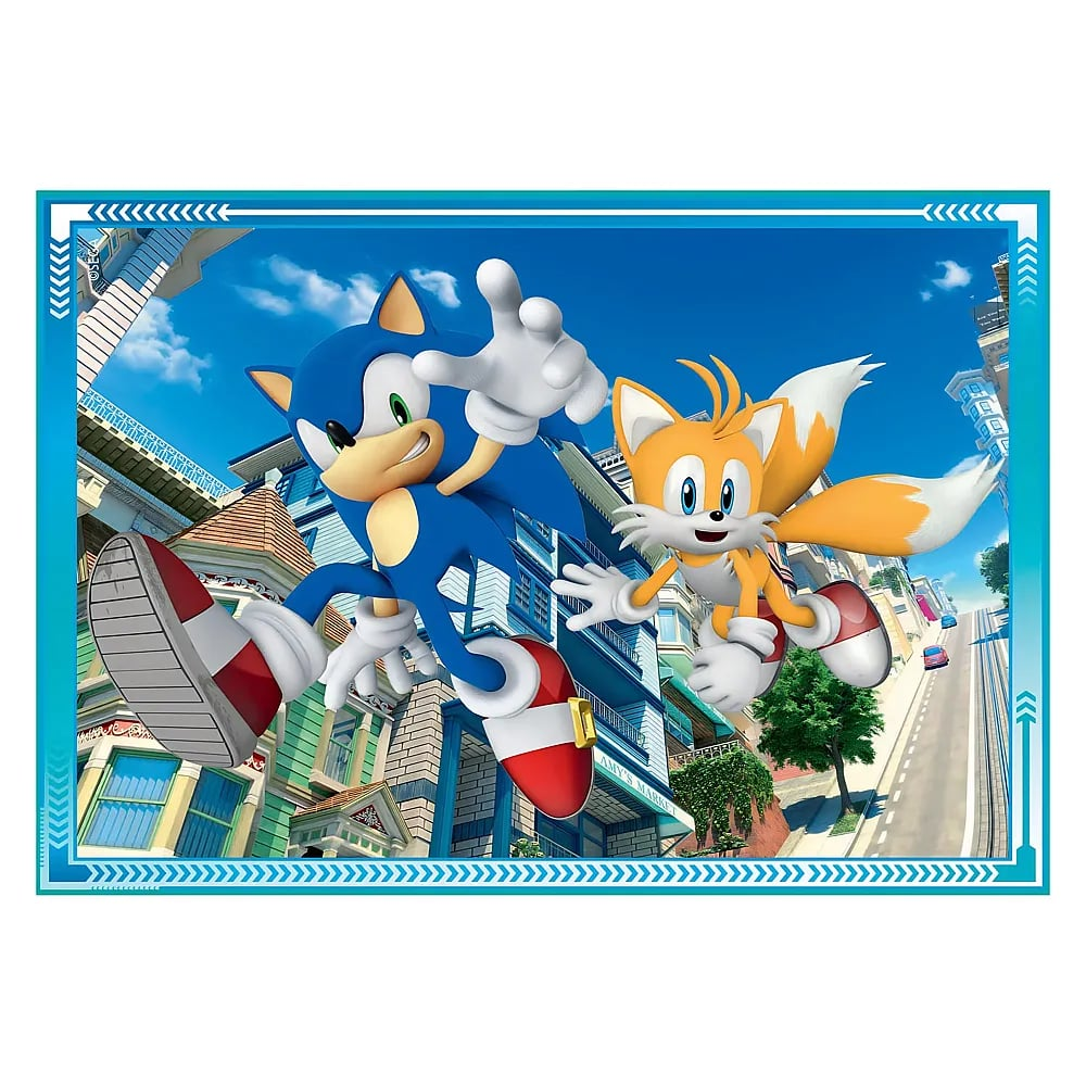 Sonic y Tails saltando por el aire sobre una soleada calle de la ciudad.