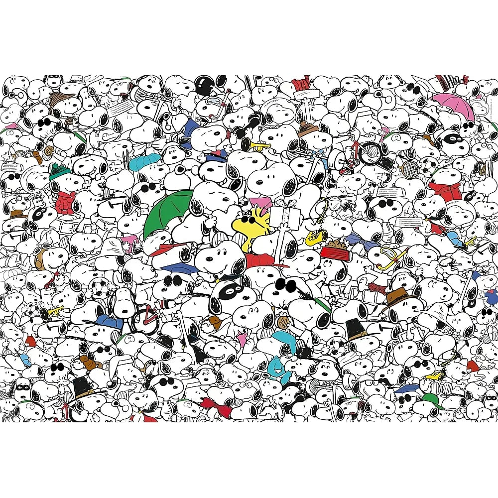 Eine dichte Ansammlung von Snoopy-Figuren in verschiedenen Kostümen und Posen.