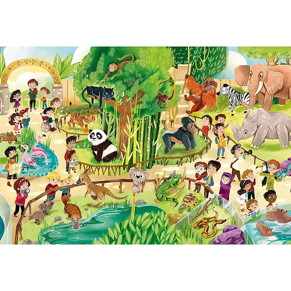 Una colorida escena de zoológico con niños observando animales como elefantes, pandas, monos y cebras.