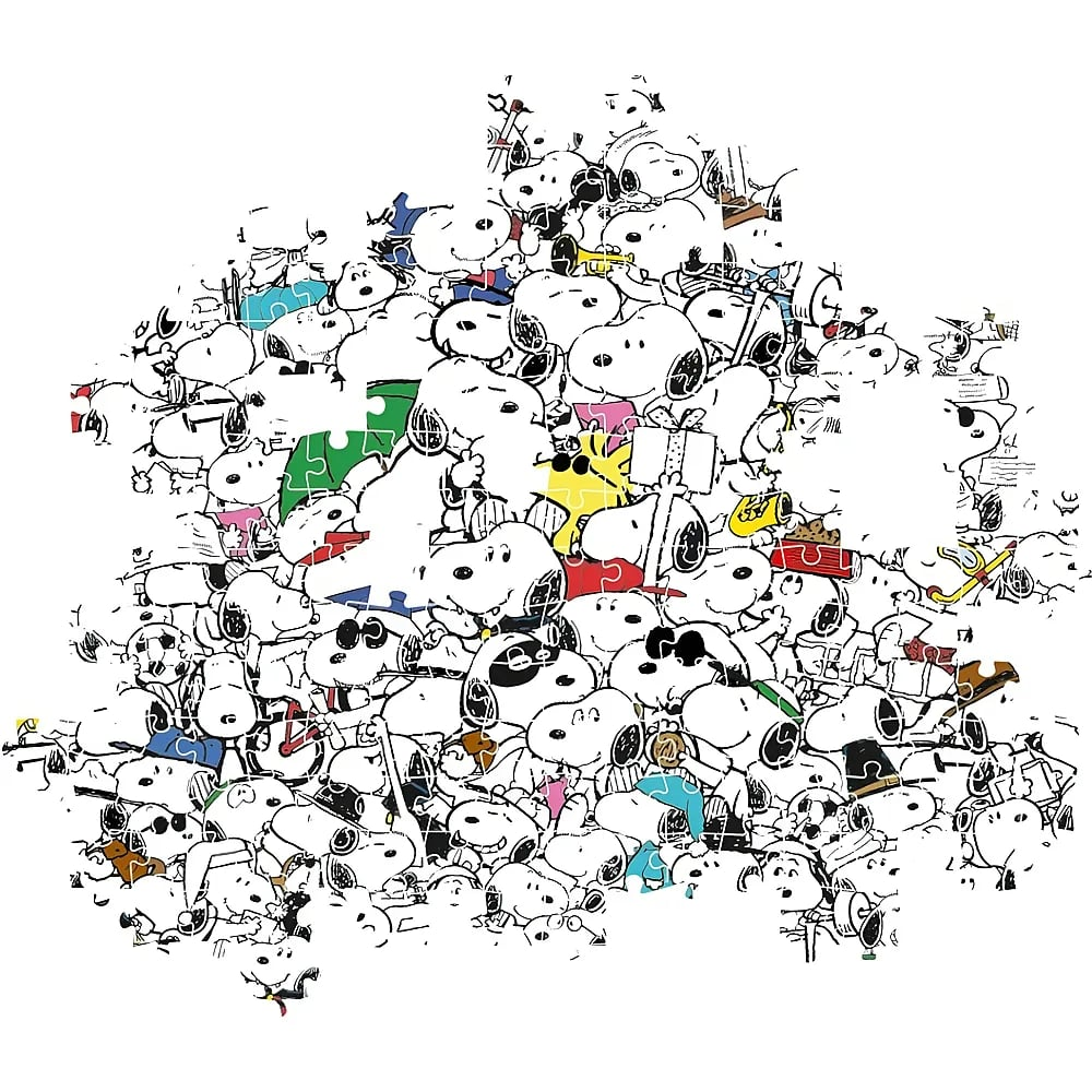 Ein detailliertes Puzzle mit vielen Snoopy-Figuren in verschiedenen Posen.