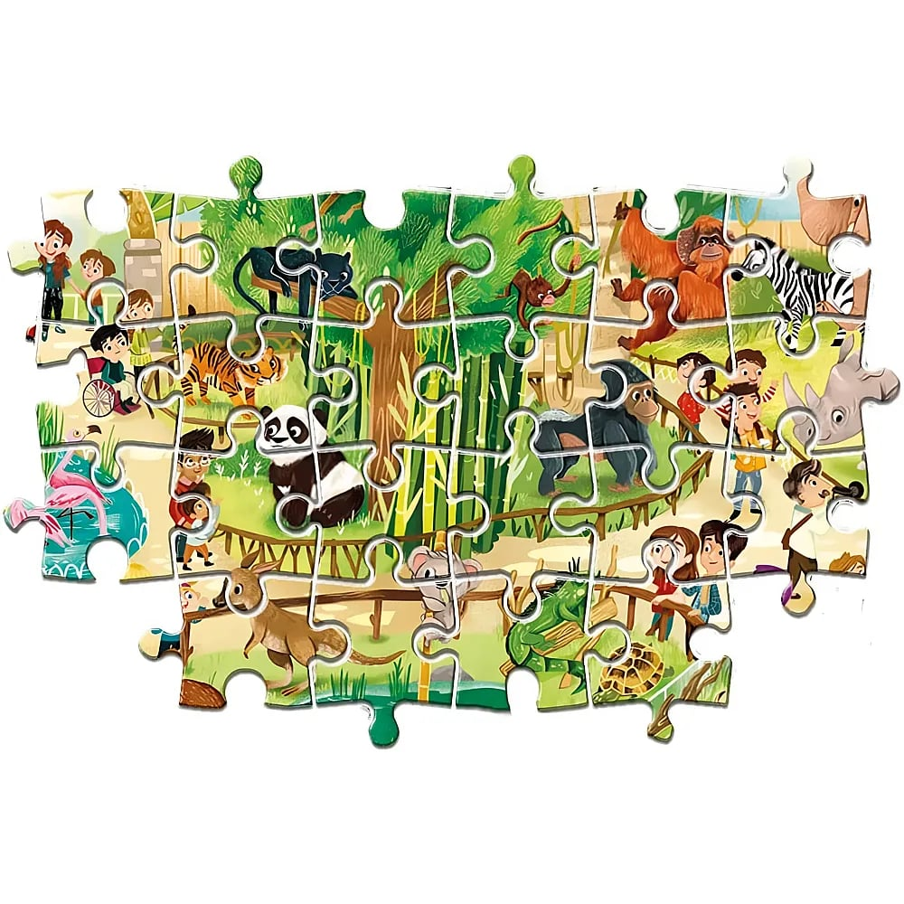 Un colorido rompecabezas de zoológico con varios animales como un panda, cebra, león y tigres, y visitantes.