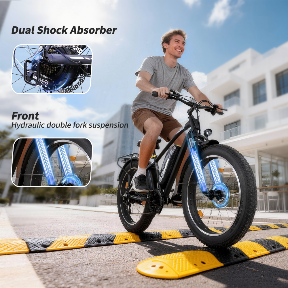 Hombre monta en e-bike sobre badén, con detalles de amortiguador y suspensión.