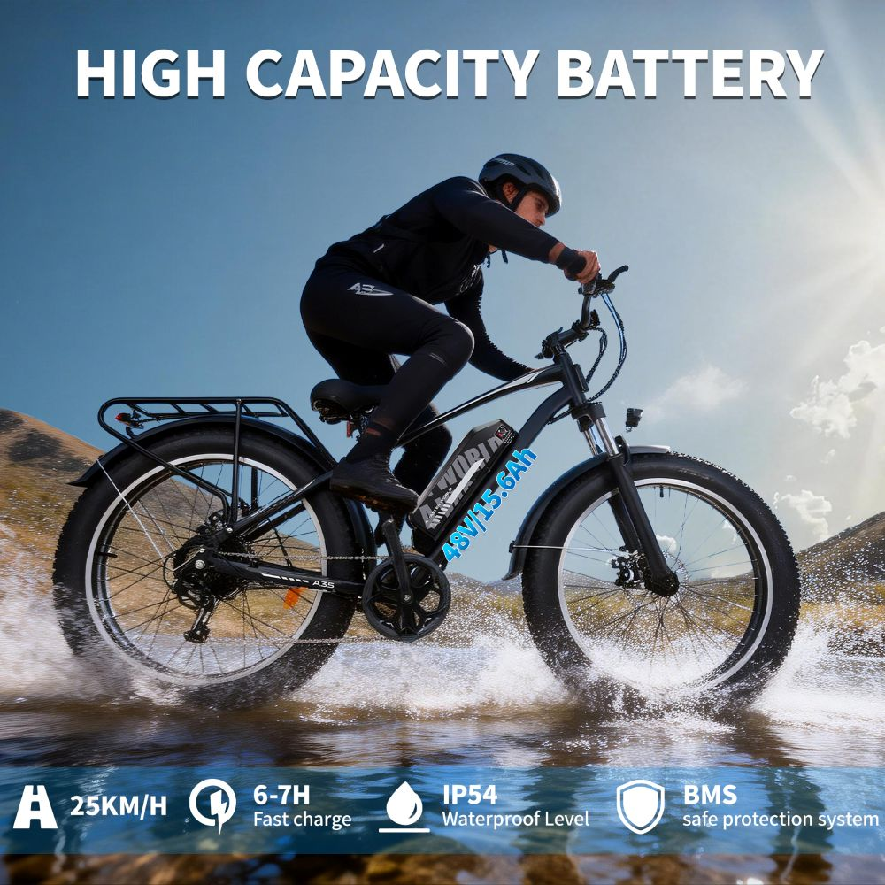 Un ciclista monta en una bicicleta eléctrica por el agua con iconos de características.