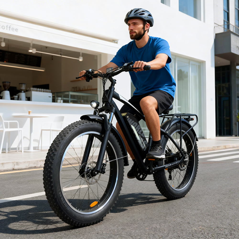 Un hombre con casco y camisa azul monta en una bicicleta eléctrica de neumáticos anchos por una calle.