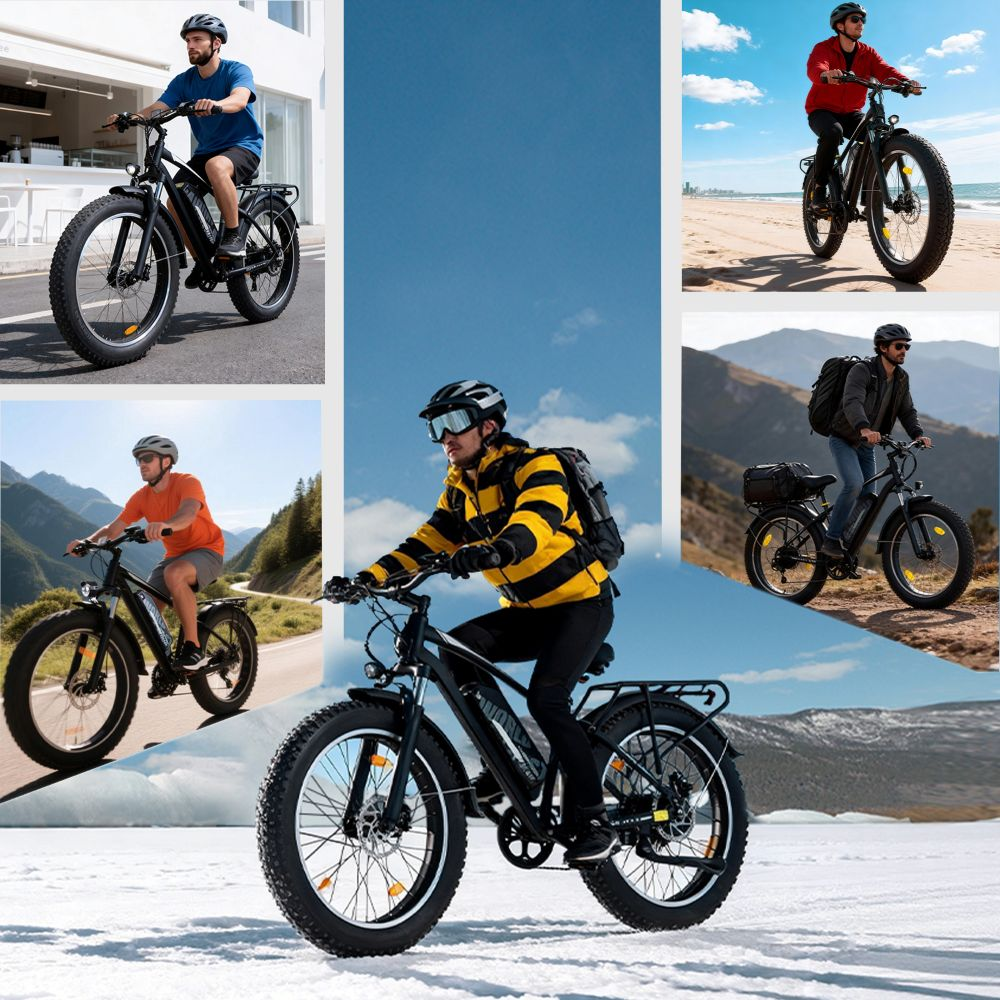 Un collage que muestra a hombres montando bicicletas eléctricas de llantas gordas negras en varios entornos.
