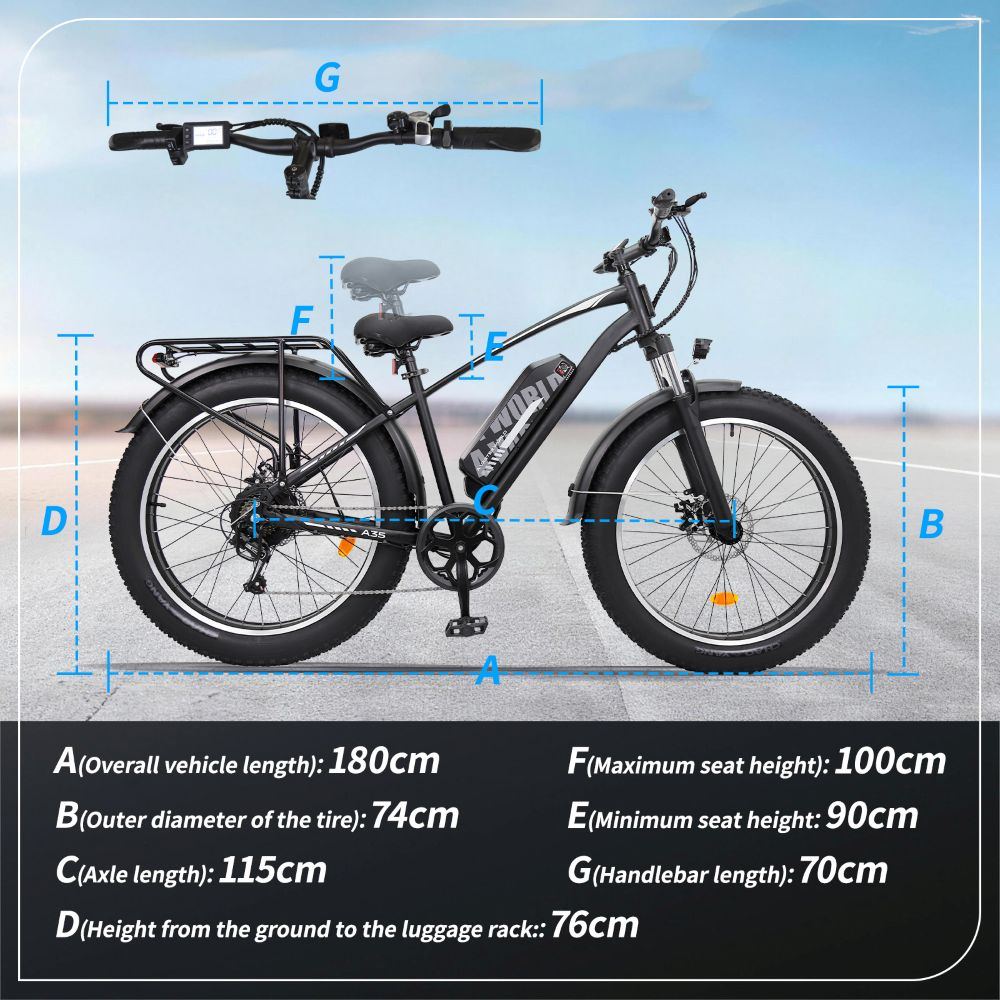 Bicicleta eléctrica negra con neumáticos anchos y guías de medida azules sobre fondo claro.