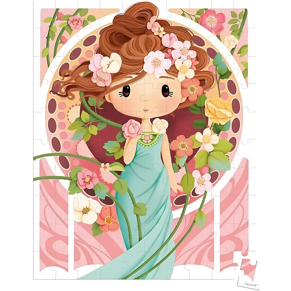 Illustration eines Mädchens mit braunem Haar und Blumen im Jugendstil, in einem türkisfarbenen Kleid.