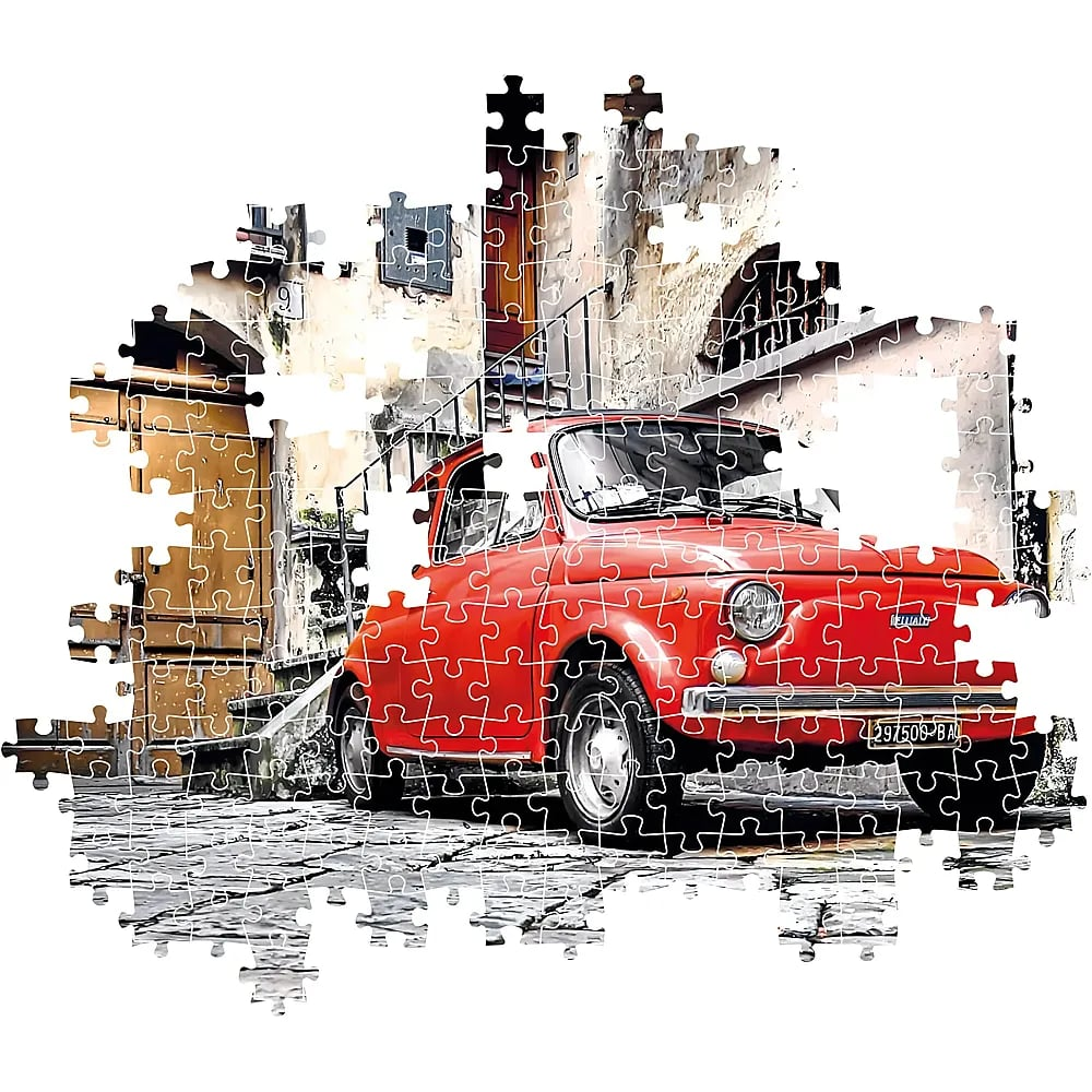 Ein rotes Vintage-Auto parkt vor einem alten Gebäude in einer Gasse, dargestellt als Puzzle.