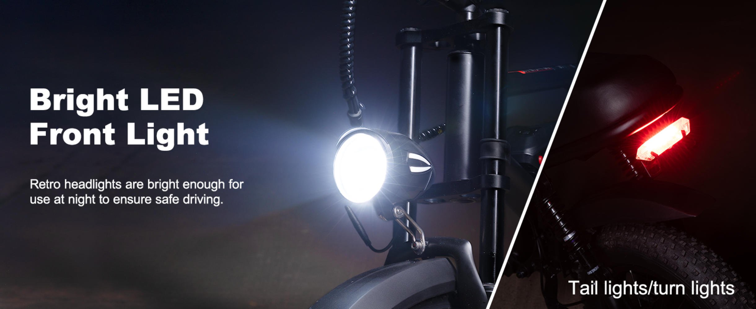 Faro delantero LED brillante y luz trasera roja de una bicicleta eléctrica, en una vista dividida oscura.