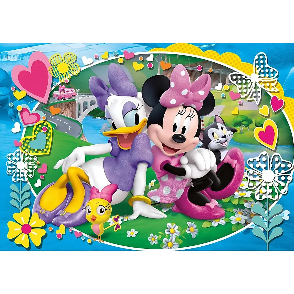 Daisy Duck, Minnie Mouse und Figaro sitzen mit Herzen und Blumen auf einer Wiese.