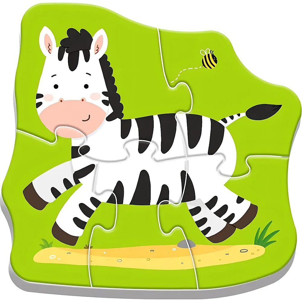 Ein buntes Holzpuzzle zeigt eine kleine Zebras und eine Biene vor grünem Hintergrund.