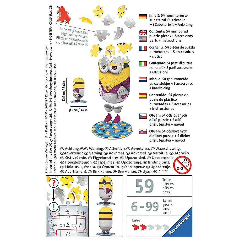 Retro di una scatola di puzzle 3D dei Minions da 54 pezzi con dimensioni, contenuto e avvertenze.