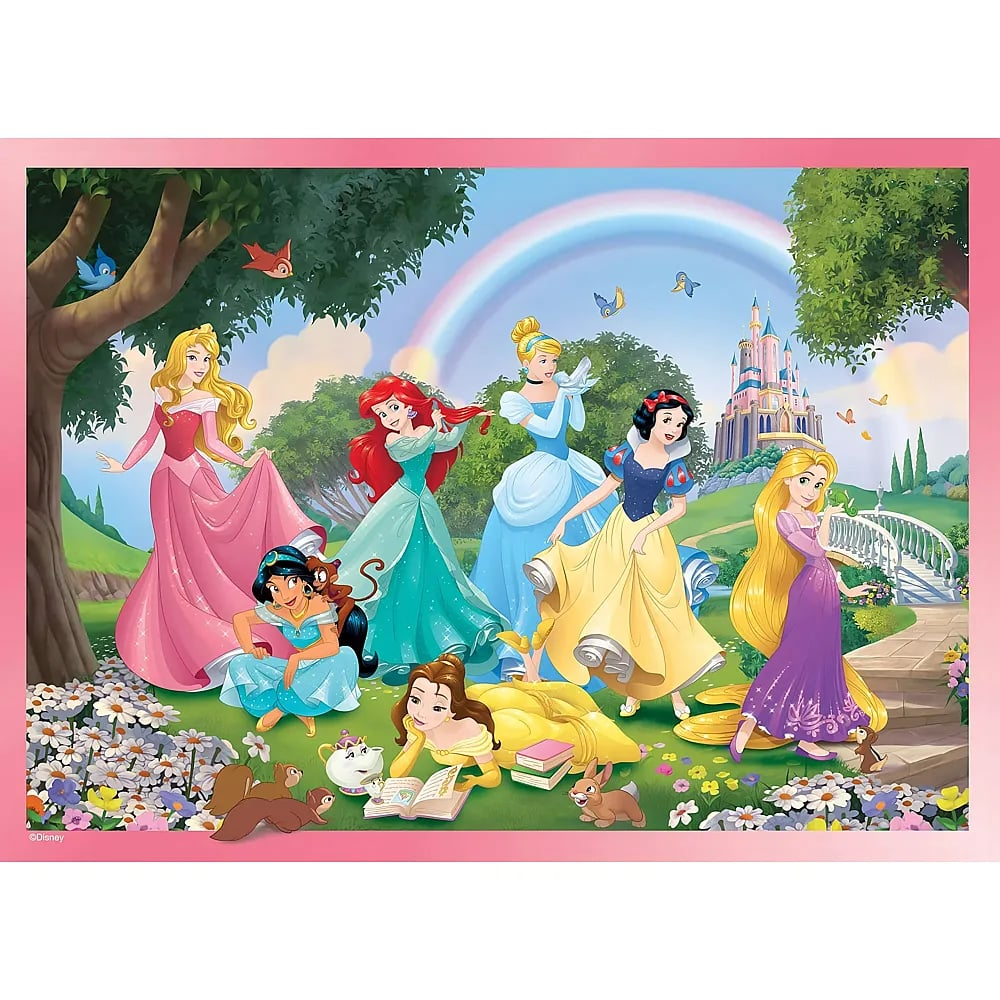 Principesse Disney riunite in un paesaggio soleggiato e fiorito con alberi, un arcobaleno e un castello.