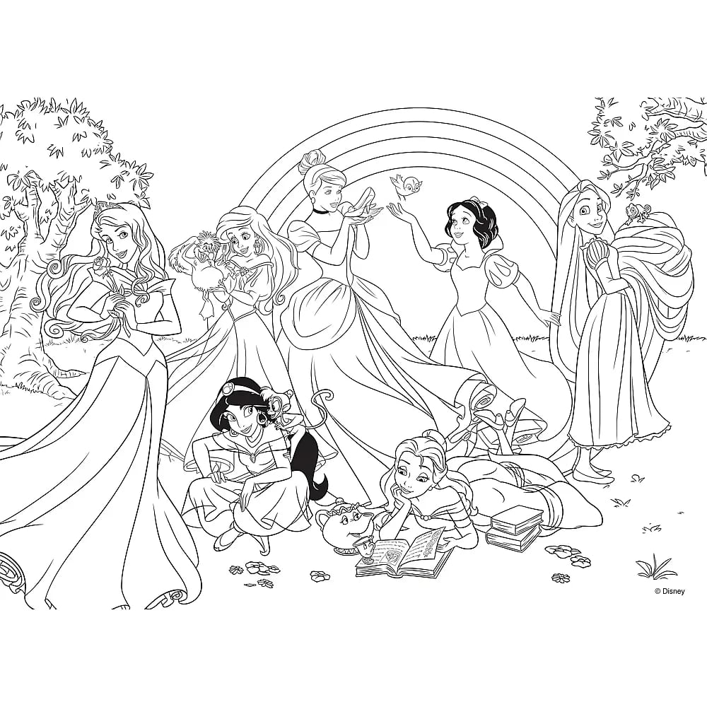 Una pagina da colorare in bianco e nero con diverse principesse Disney riunite in un parco.