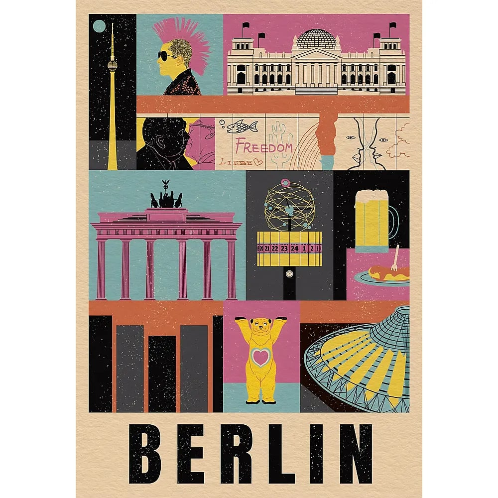 Buntes Poster von Berlin mit Wahrzeichen wie dem Fernsehturm und dem Brandenburger Tor.