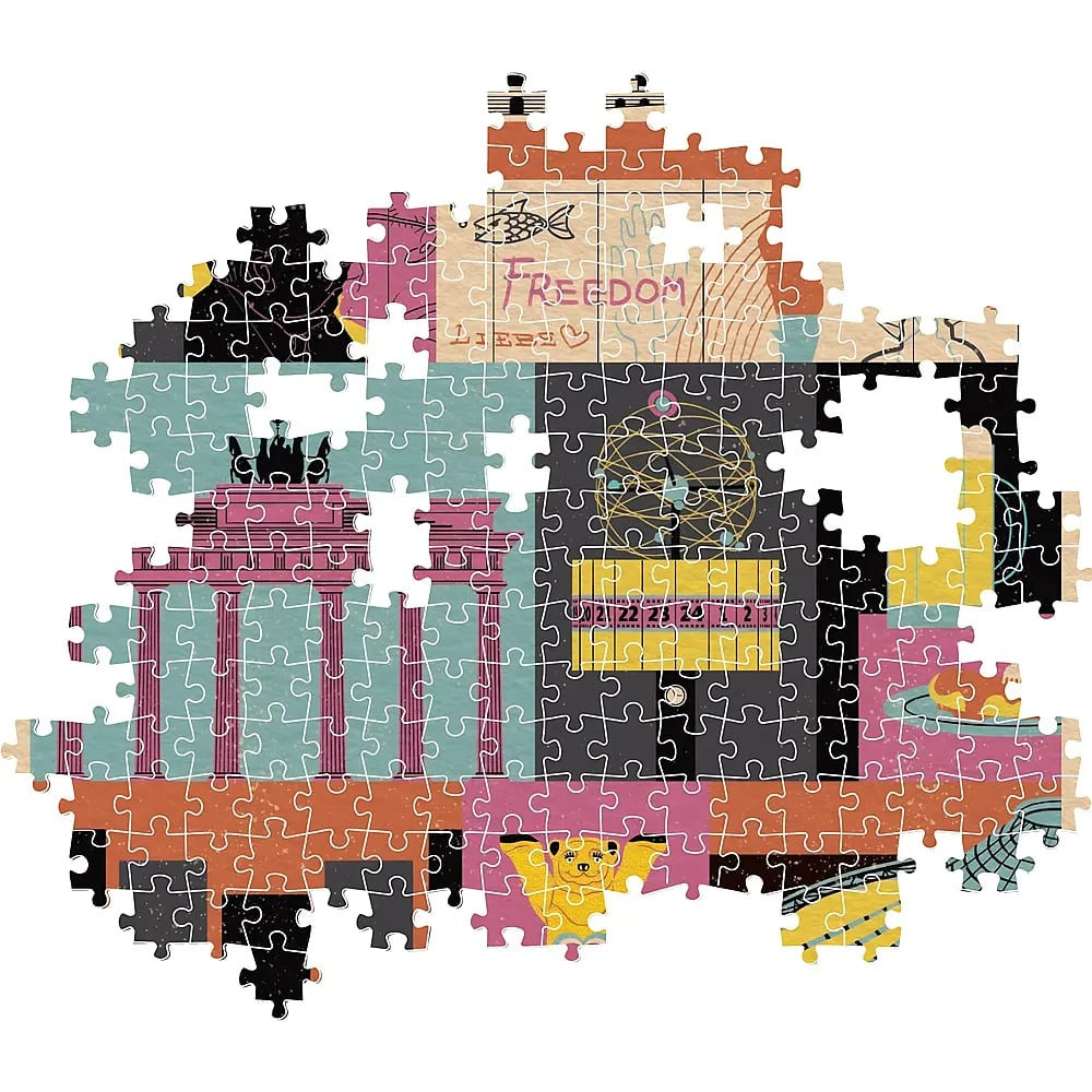 Ein zusammengesetztes Puzzle mit bunten geometrischen Mustern, architektonischen Elementen und abstrakter Kunst.