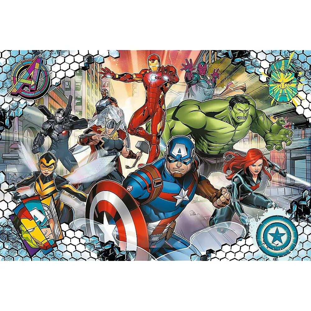 Comic illustration of Marvel superheroes including Captain America, Iron Man, Hulk, and Thor in action.