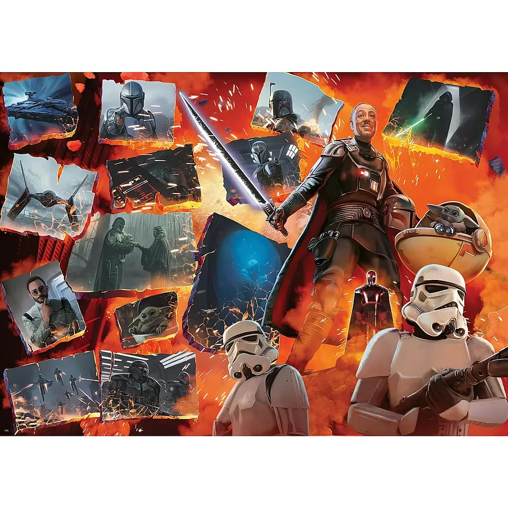 Star Wars Collage mit Moff Gideon, Sturmtruppen, dem Darksaber und kleineren Szenenbildern vor feurigem Hintergrund.