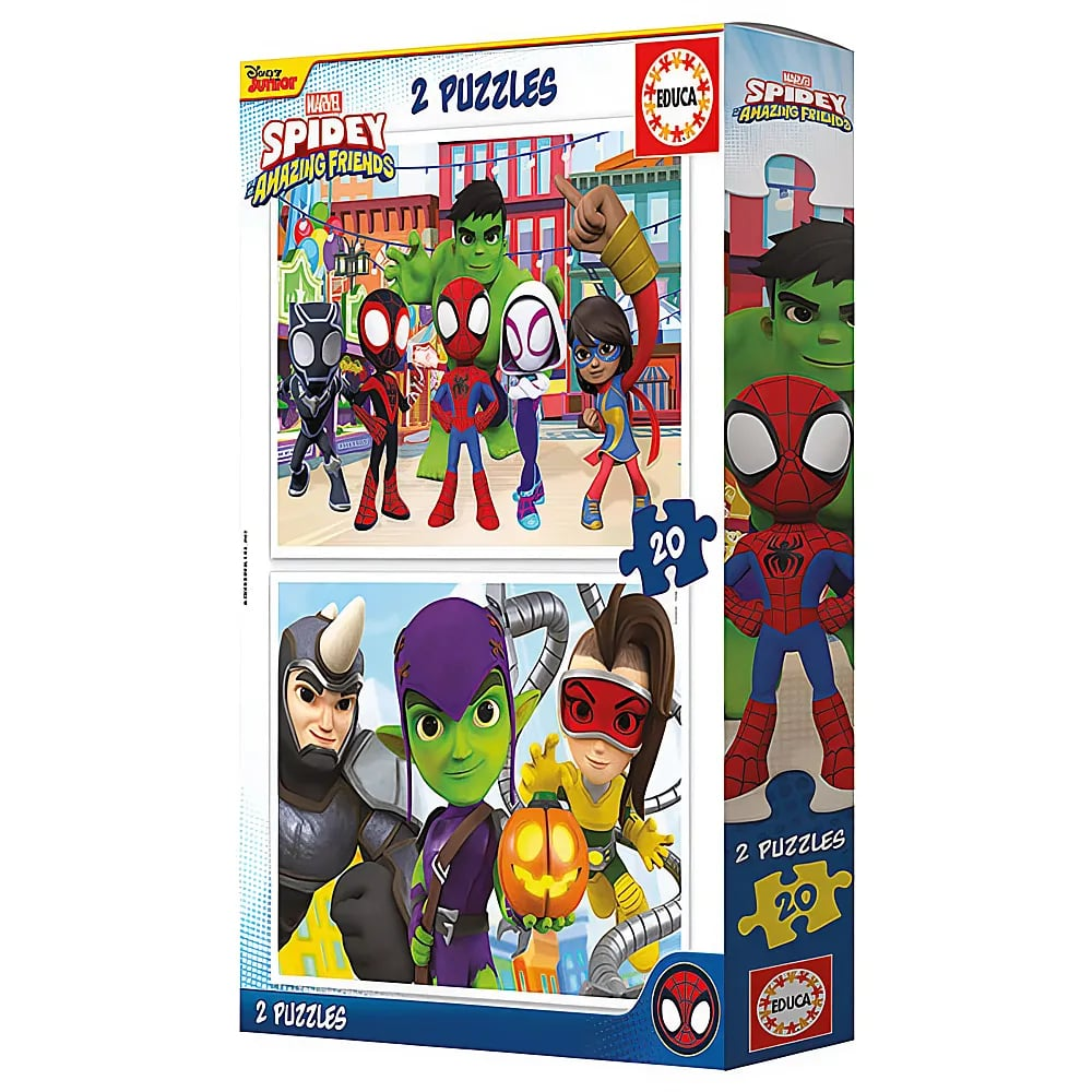 Caja de puzle de Spidey y sus sorprendentes amigos con Hulk, Spiderman y otros personajes.