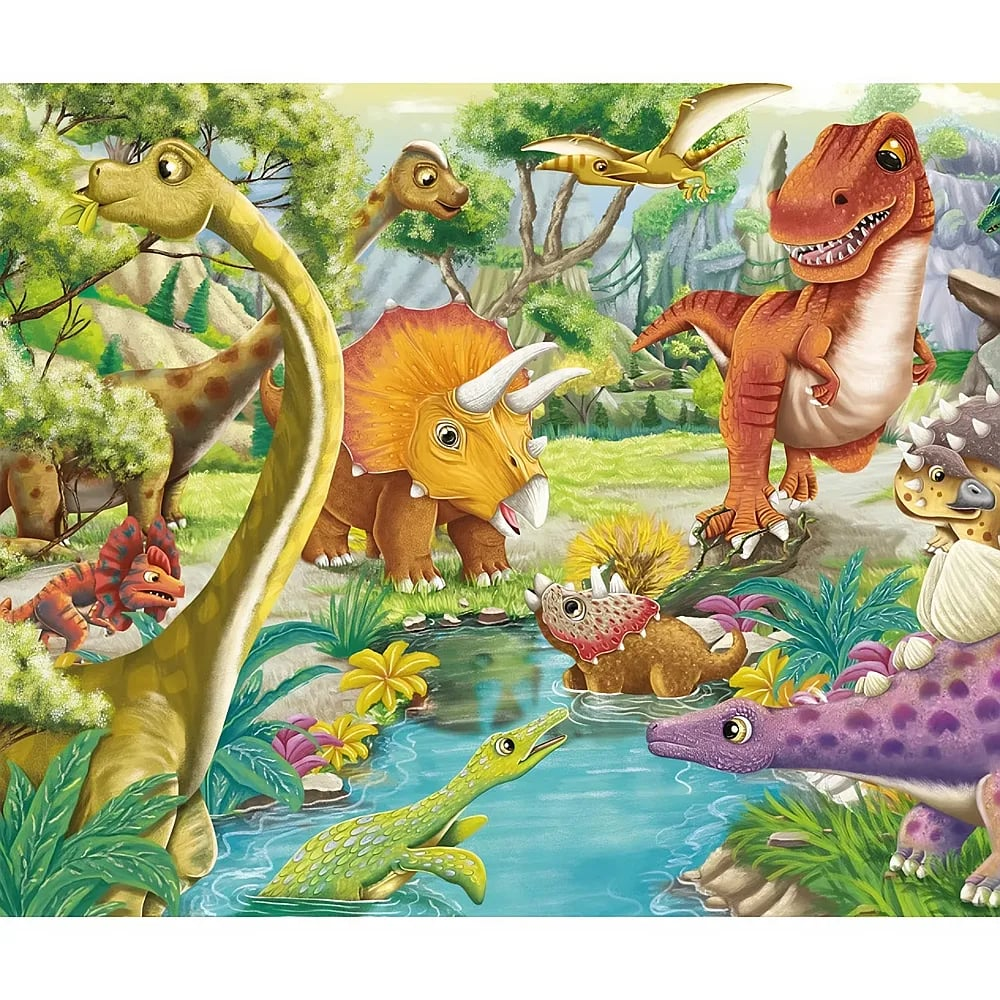 Bunte Zeichentrick-Dinosaurier in einer prähistorischen Landschaft mit Bäumen und einem Fluss.