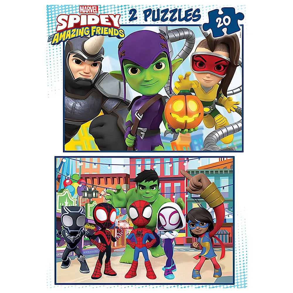 Caja de rompecabezas de Marvel Spidey y sus amigos con personajes en una ciudad colorida.