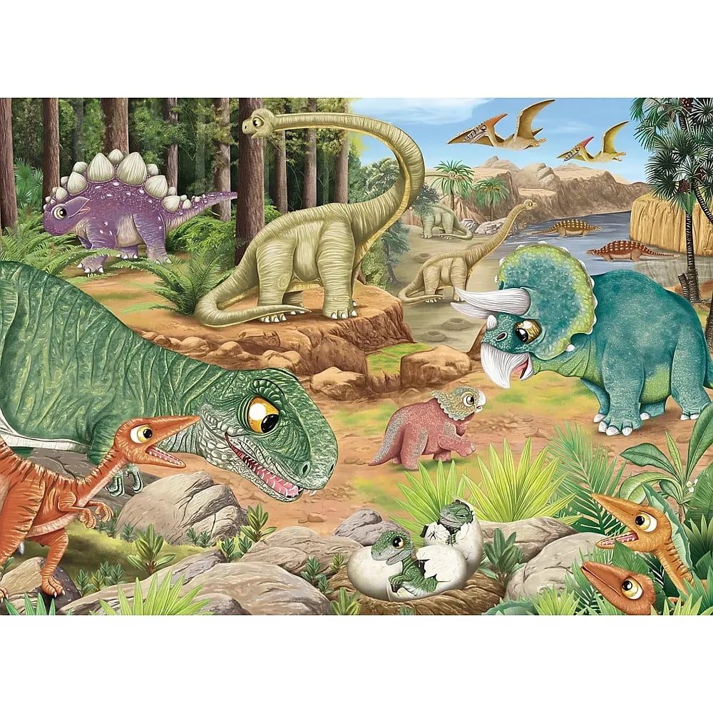 Eine bunte prähistorische Szene mit verschiedenen Zeichentrick-Dinosauriern in einem üppigen Wald.