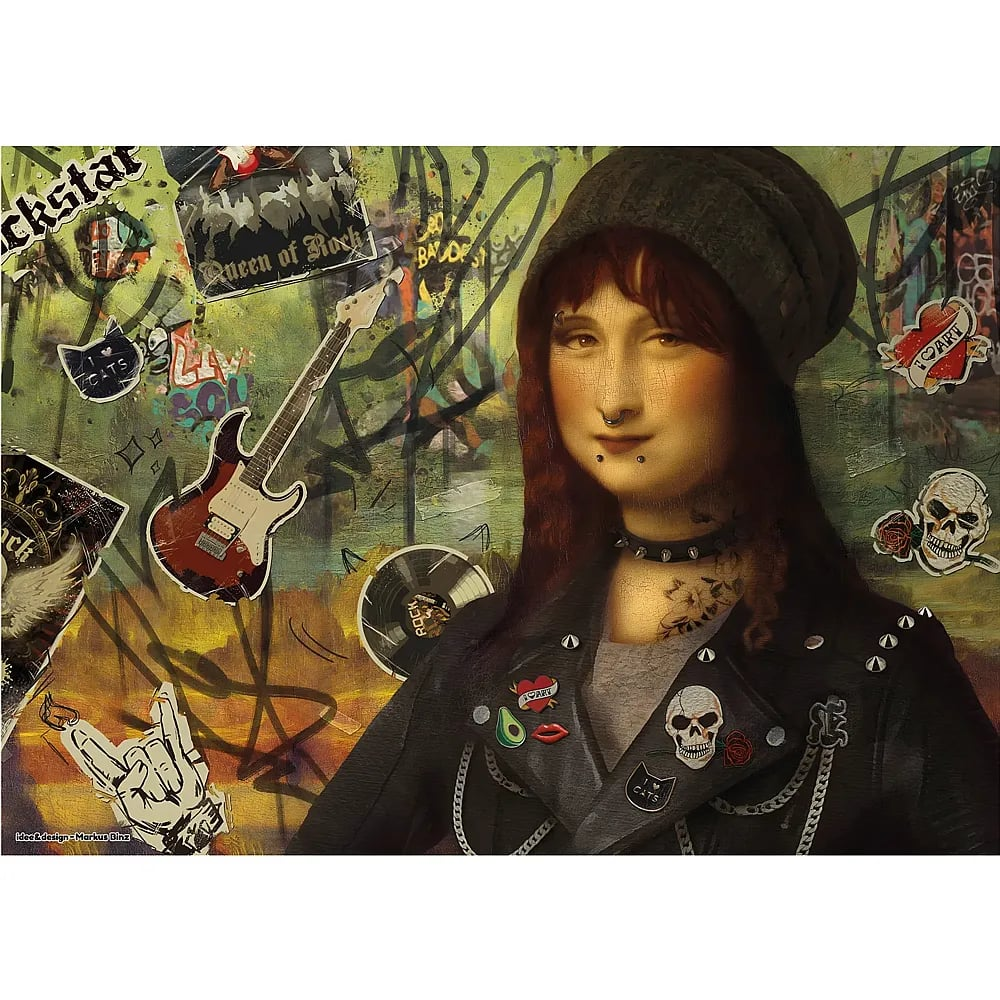 Eine punkige Mona Lisa mit Piercings, Lederjacke und Mütze vor einer von Graffiti bedeckten Wand mit E-Gitarre.