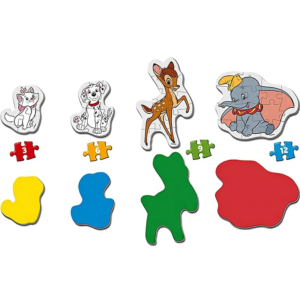 Quattro puzzle in legno Disney con Marie, un dalmata, Bambi e Dumbo, con forme e numeri colorati.