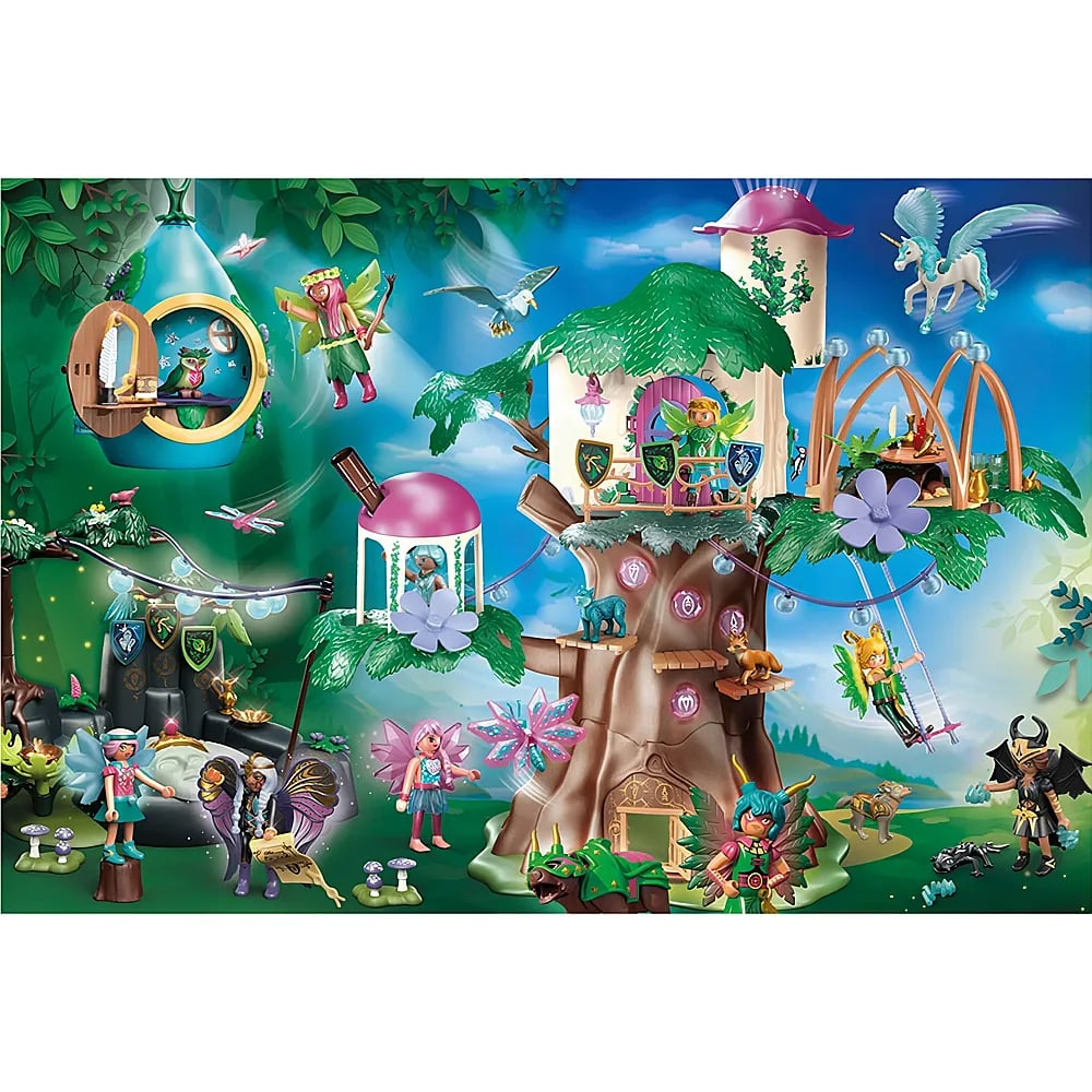 Eine magische Elfenwelt mit Baumhaus, Figuren, Tieren und leuchtenden Pilzen im Wald.