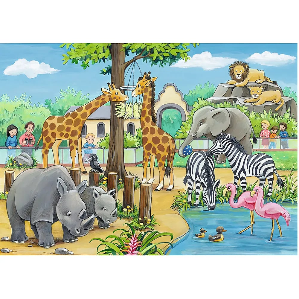 Una colorata scena di zoo con giraffe, elefanti, zebre, rinoceronti, fenicotteri e bambini in visita.