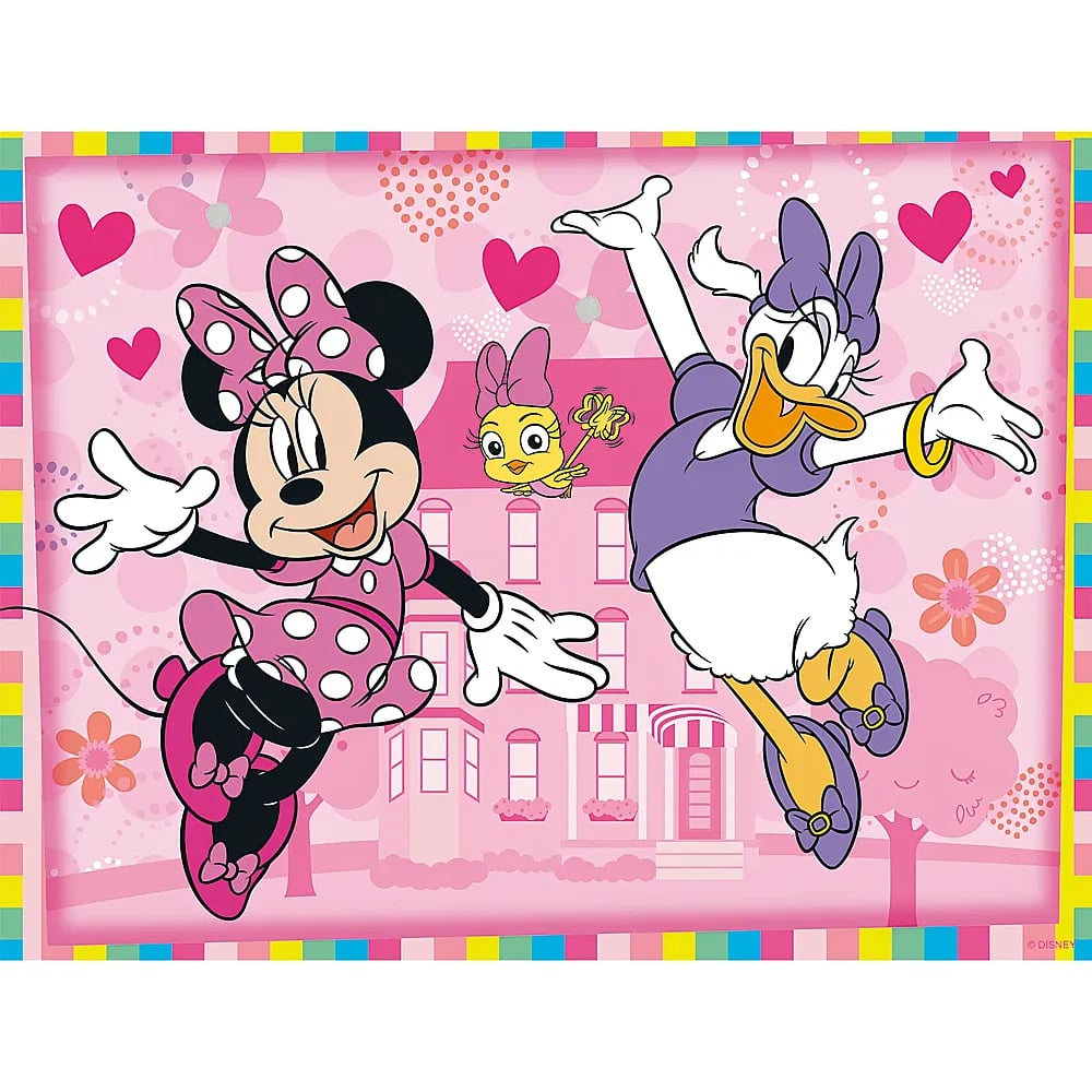 Minnie Maus und Daisy Duck springen fröhlich vor einem rosa Hintergrund mit Herzen und einem Haus.