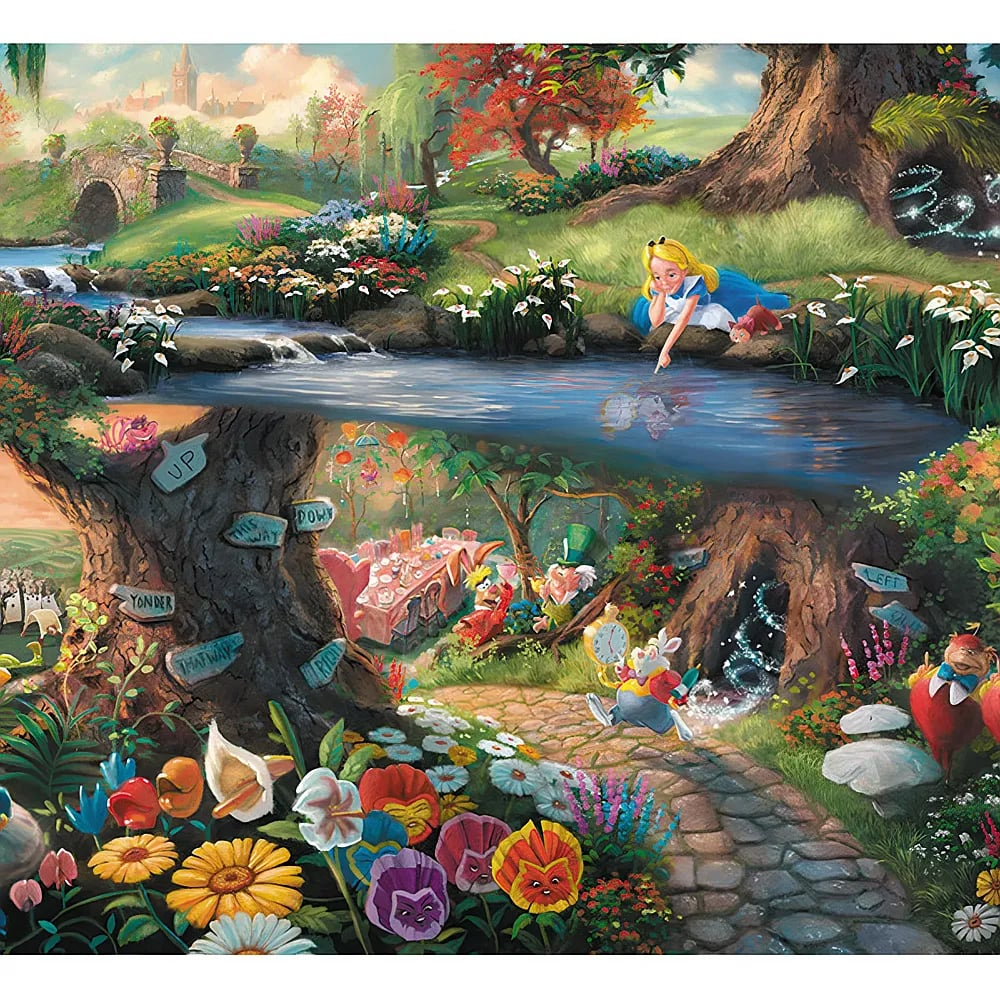 Alice, der Weiße Hase und andere Figuren in einer magischen, farbenfrohen Wunderland-Landschaft am Fluss.